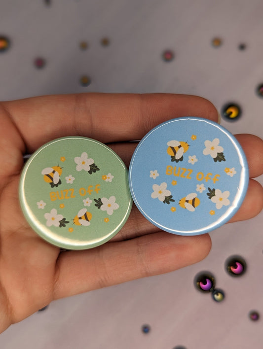 Buzz Off Bee Pinback Button Badge, Flower Button, Funny Button, Cute Button, Green Button, Bee Button,